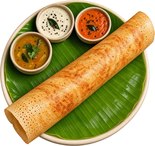 Ghee dosa on a banana leaf with chutneys and kolambu