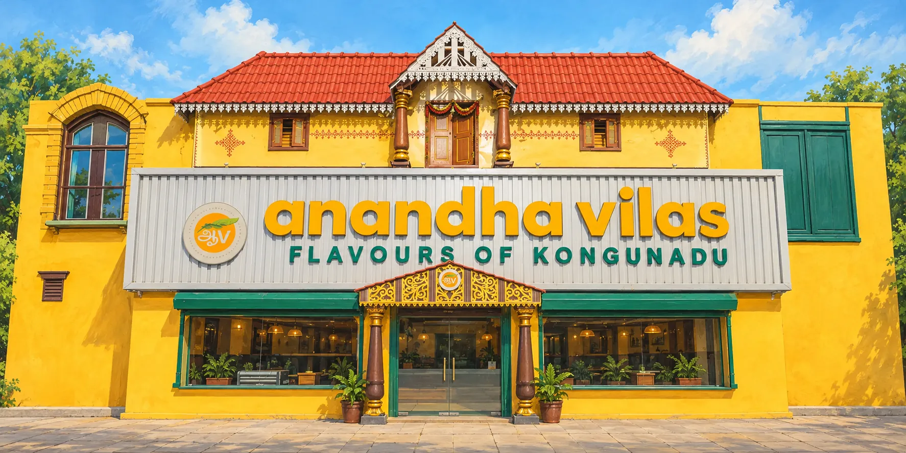Illustration of the Anandha Vilas storefront: a turmeric-yellow building with a red-tiled Kongu-style roof, carved wooden pillars and the "anandha vilas, Flavours of Kongunadu" sign