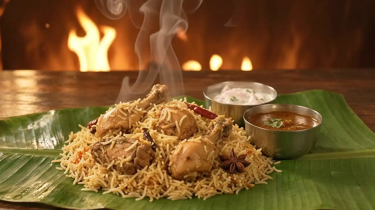 Kongunadu chicken biriyani served on a banana leaf with raitha and salna