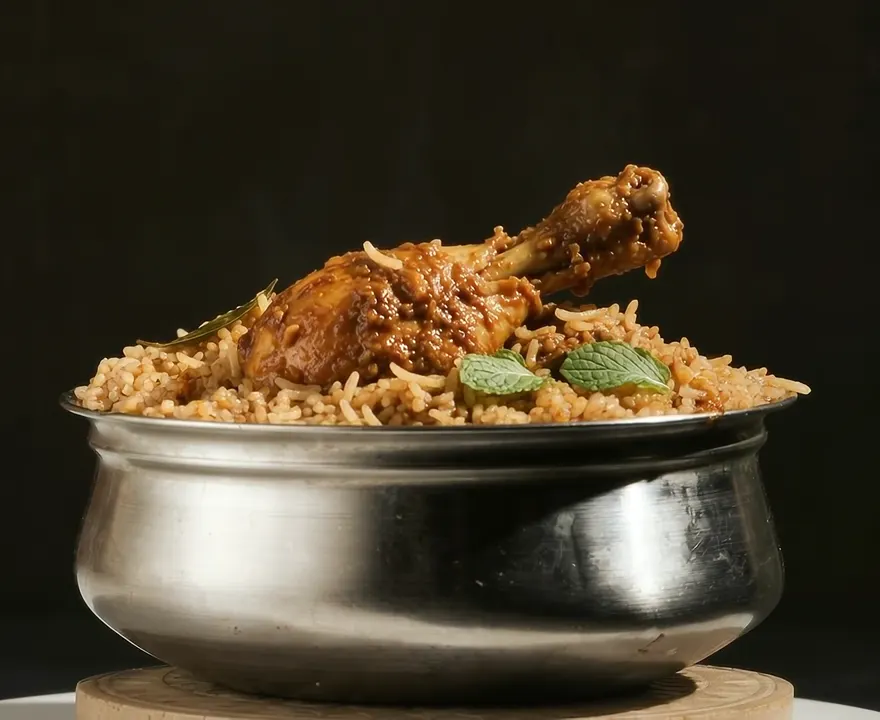 Chicken leg piece on biriyani in a steel handi